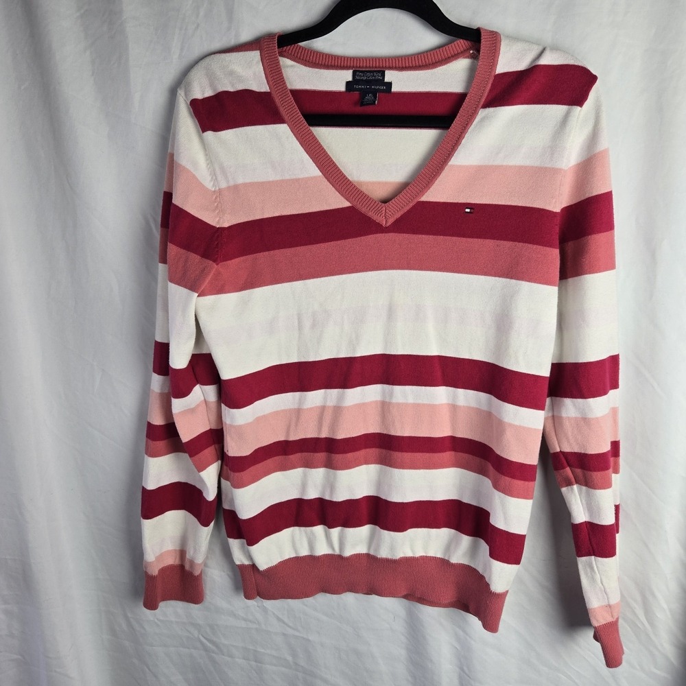 Tommy Hilfiger Womens Pink & White Striped V-Neck Sweater